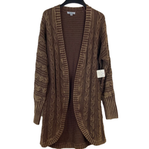 PBJ Blues Acid Washed Mahogany Dark Brown Long Open Front Cable Knit Cardigan